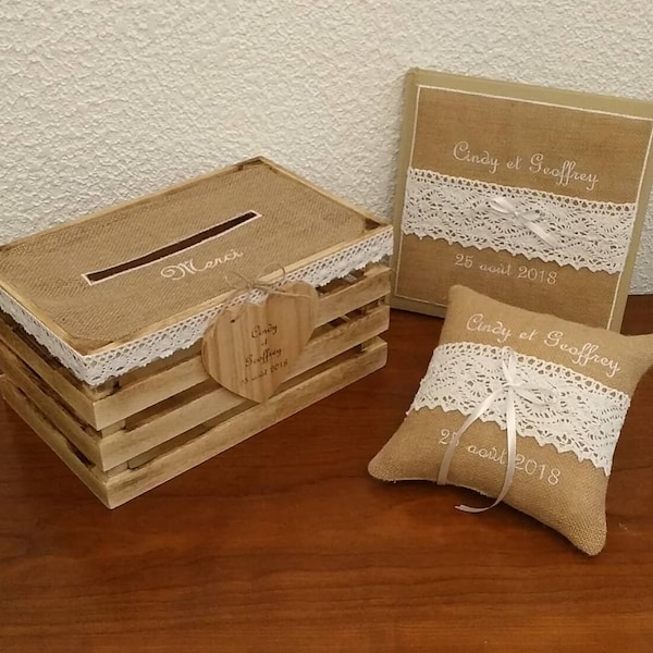 Cagette transformée en tirelire pour mariage avec 1 livre d'or et 1 coussin porte-alliances en toile de jute, idéal pour 1 mariage champetre