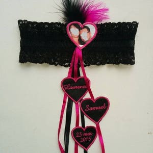 Personalized wedding garter with your photo in black and fushia or other image 1