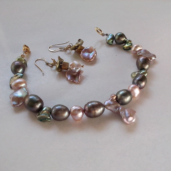parure perle de culture,perle d eau douce,argent sterling,freshwater pearls jewelry set,bracelet perles naturelles baroque,gift for women
