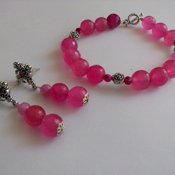 agate rose magenta parure,pink agate bracelet,pink pearls earrings,boheme,elegante,nice gift for her,idee cadeau femme