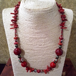 red coral, Chinese cloissonnee pearl, bronze, red necklace, large necklace, fancy necklace, boho chic, hippie, rustic, women&#39;s gift idea
