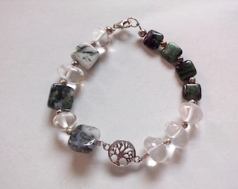 bracelet argent arbre de vie,agate verte mousse,quartz cristal de roche,rubiszoisite,multistone bracelet,natural gemstone,elegant,chic