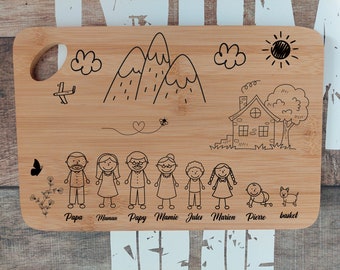 Family cutting board to personalize by you with bamboo decor, gift idea for dad, mom, Father's and Mother's Day, Christmas party!