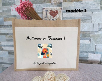 Tote bag in jute and cotton, personalized gift to offer for the mistress, tote bag for shopping, ecological bag, Christmas gifts, unique gifts