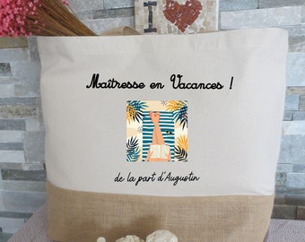 Tote bag in jute and cotton, personalized gift to offer for the mistress, tote bag for shopping, ecological bag, Christmas gifts, unique gifts