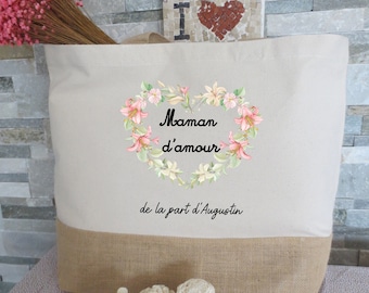 Personalized jute and cotton tote bag, gift to give Mother's Day, shopping tote, beach bag, beach tote, Christmas gifts!