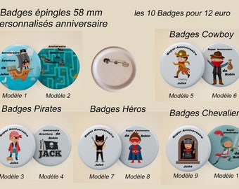 Badges Anniversaires enfants, 10 badges pour 12 euro, Badge 58mm personnalisé avec le prénom de votre enfant, badge  thème pour anniversaire