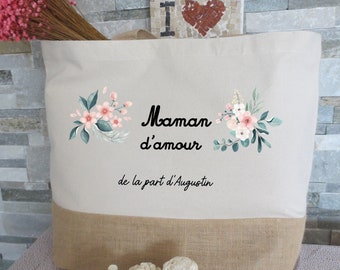 Personalized jute and cotton tote bag, gift to give for Mother's Day, shopping tote, eco-friendly bag, beach tote