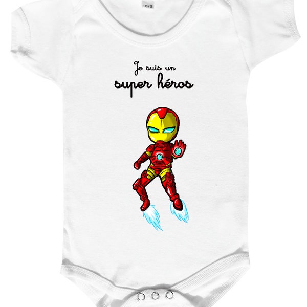 Body bébé humour personnalisé, bébé super héros ironbaby, fanart ironman,cadeau de naissance, vêtement bb, body rigolo, bodies bébé coton
