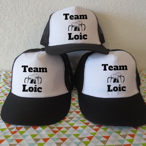 EVG caps, bachelor party, BLACK colored caps text in black beer pattern, choice of Team or EVG text with first name