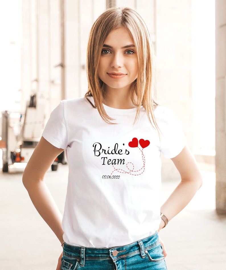 T-shirt EVJF sur le thème coeur ,evjf prénomdate, team bride, Team de la mariée, Enterrement de vie de jeune fille, mariage image 2