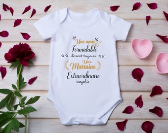 Personalized baby bodysuit request to be godmother text color in gold and black, personalized baby bodysuit, baby boy and girl bodysuit