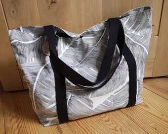 Large black and white foliage bag, handbag, fabric bag, cotton bachette