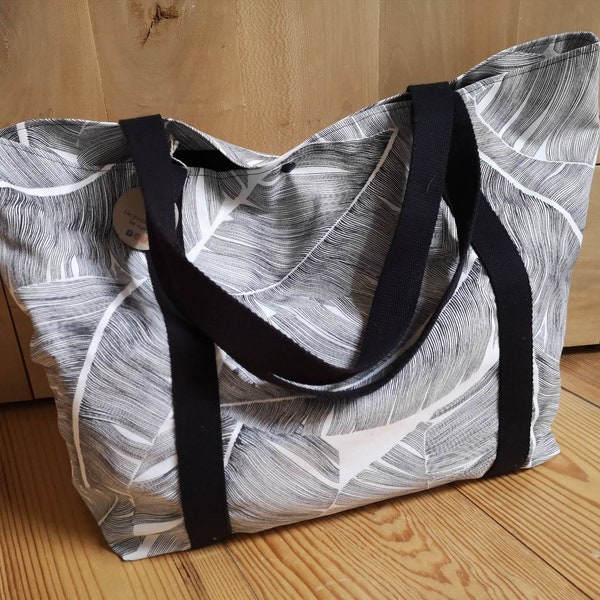 Grand Sac Feuillage Noir et blanc, sac à main, sac Tissu, bachette de coton