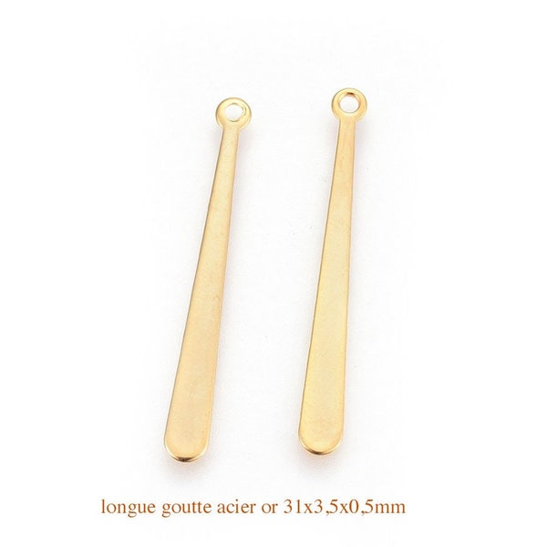 6 Pendentifs goutte plate acier or 24kt 31.5x3.5mm