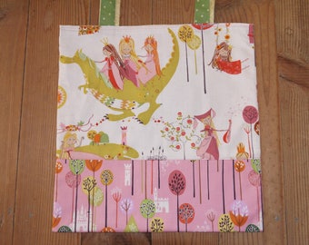 Tote Bag lined and reversible pattern "Princess, Dragon, Castle and enchanted forest"