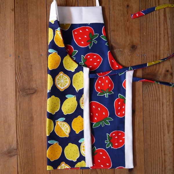 Tablier de Cuisine Réversible pour Enfant (2 à 10 ans) "Fraises et Citrons" en coton, lanières à nouer