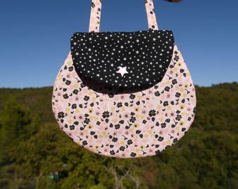 Sac Fillette "Fleurs et Etoiles en rose, Noir et Moutarde" en coton