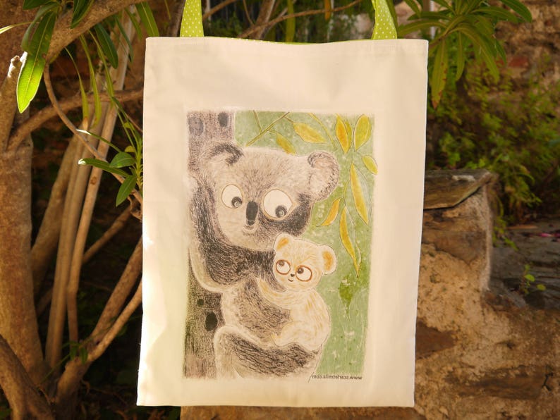 Einkaufstasche, Transfer, Koala, Mutter Muster Muster Illustration Kind, Baumwolle, doppelte, Innentasche, Tasche stopft alles weiß. Bild 5