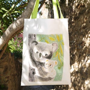 Tote Bag, Illustration Transfert, motif koala, motif mère enfant, en coton, doublé, poche intérieur, sac fourre tout, sac blanc, image 3