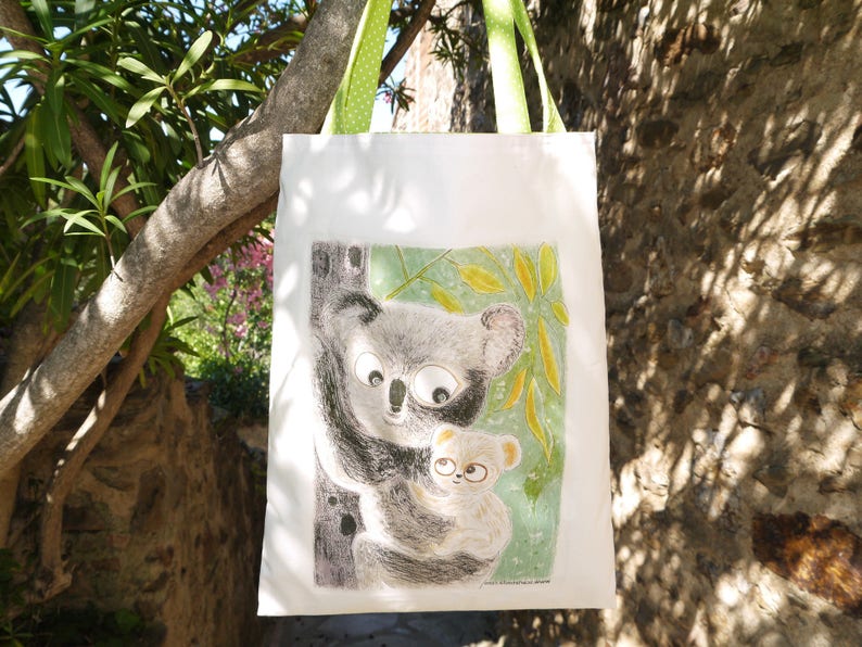 Tote Bag, Illustration Transfert, motif koala, motif mère enfant, en coton, doublé, poche intérieur, sac fourre tout, sac blanc, image 3