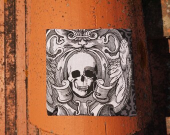 Porte Cartes 6 compartiments, motif Crâne, Skull, Chauve Souris, couleur Noir et Gris, doublé, en coton, style gothique, style rock,