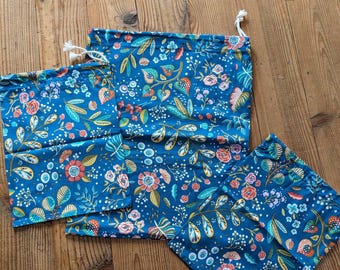 Set of 3 fabric gift bags, washable, reusable, Christmas, ecological, cotton gift wrapping, flower pouch, zero waste