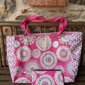 Large reversible beach bag, coated cotton, plasticized, removable zipped kit, pink, mandalas, rosettes, woman&#39;s gift, holiday