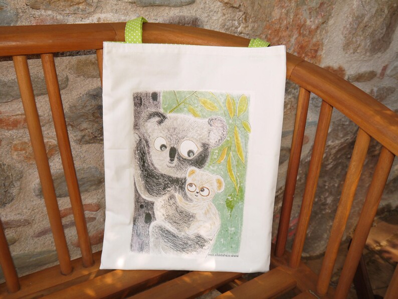 Tote Bag, Illustration Transfert, motif koala, motif mère enfant, en coton, doublé, poche intérieur, sac fourre tout, sac blanc, image 1