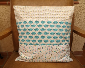 Housse de coussin, Petits Motifs Tendances, Bleu Canard, Jaune Moutarde, Rose Poudré, en coton, lavable en machine, 40 cm sur 40 cm,