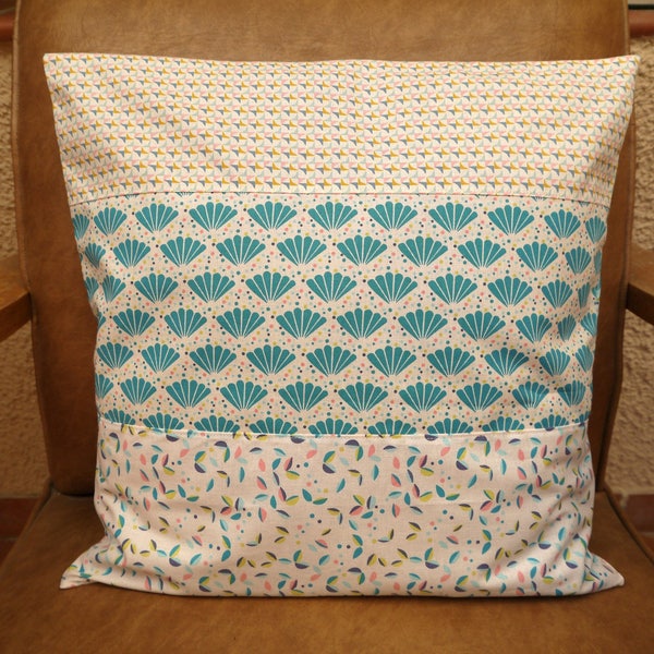 Housse de coussin, Petits Motifs Tendances, Bleu Canard, Jaune Moutarde, Rose Poudré, en coton, lavable en machine, 40 cm sur 40 cm,