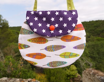 girls bag, feathers, stars, muticolor, purple, cotton, washable, little girl gift