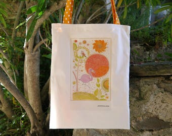 Tote Bag, Illustration Transfert,f lamant Rose,  doublé, Rose et Orange, sac soleil, sac fourre tout, pièce unique