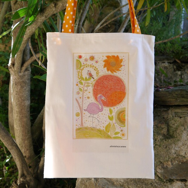 Tote Bag, Illustration Transfert,f lamant Rose,  doublé, Rose et Orange, sac soleil, sac fourre tout, pièce unique