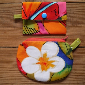 Porte-Cartes et Porte-Monnaie en coton, zip et bouton pression "Fleurs Exotiques"