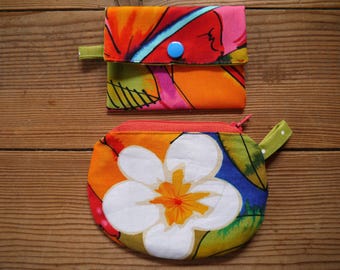 Card holder and wallet made of cotton, zip and snap "Exotic flowers"
