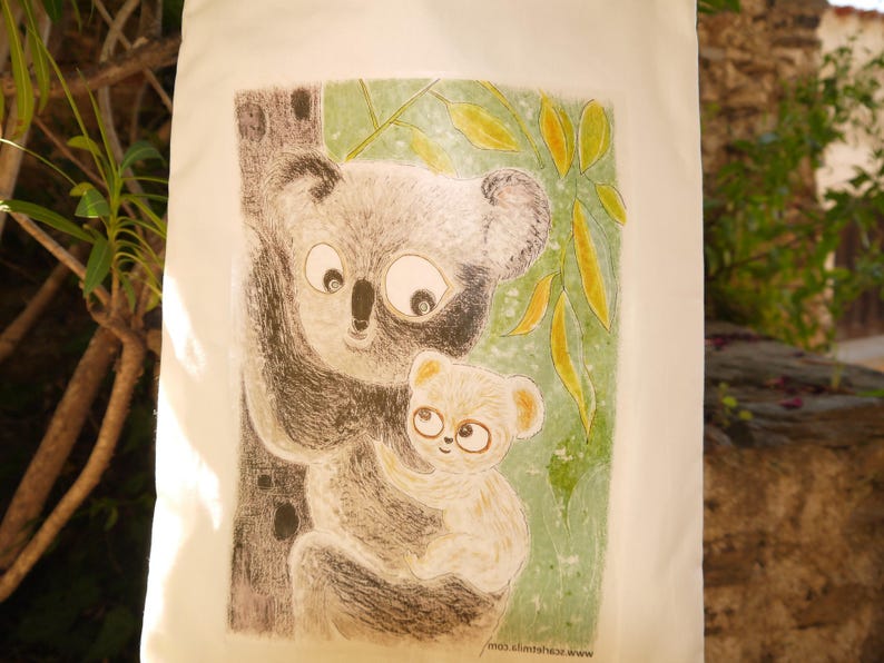 Tote Bag, Illustration Transfert, motif koala, motif mère enfant, en coton, doublé, poche intérieur, sac fourre tout, sac blanc, image 4