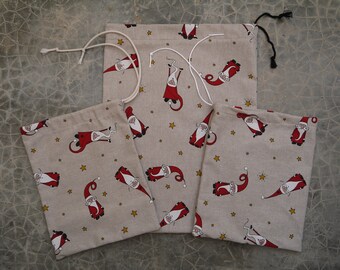 Lot 3 gift bags in cotton fabric, washable, reusable, Christmas, elves, gift pouches, gift wrapping, ecological, zero waste, economical