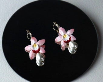 Pendientes de flores Joyas de regalo para ella Pendientes tropicales Joyas de orquídeas Joyas boho chic Pendientes nupciales