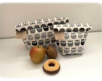 Sac réutilisable et imperméable hibou noir et blanc/sac a goûter/congélation/sandwich/vrac/ savon