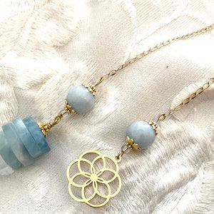 PENDULUM with aquamarine flower of life beads in 304 stainless steel in gold color for dowsing divination