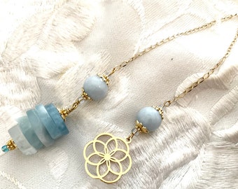 PENDULUM with aquamarine flower of life beads in 304 stainless steel in gold color for dowsing divination