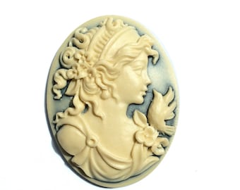 2 resin cameos Greek woman with dove 30x40" ivory/washed gray