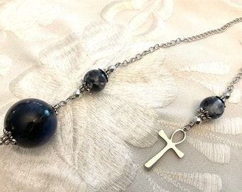 PENDULE en sodalite et croix de Ankh en acier inoxydable 304 couleur argenté pour radiesthésie-  Vers mon étoile