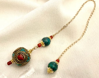 PENDULE avec Perle du Népal  perle en jaspe turquoise et  corail tibétain acier inoxydable 304 couleur doré pour divination radiesthésie