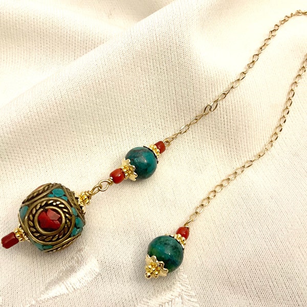 PENDULE avec Perle du Népal  perle en jaspe turquoise et  corail tibétain acier inoxydable 304 couleur doré pour divination radiesthésie