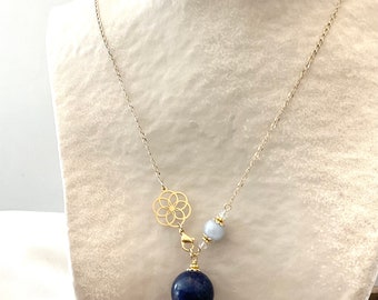 COLLIER PENDULE en lapis lazuli et fleur de vie en acier inoxydable couleur dorée pour radiesthésie- Morya pour toujours