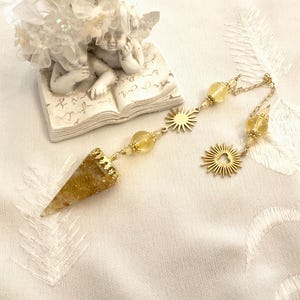 Pendule de divination Orgonite fait-main perles en citrine pendentifs-Soleil et Cœur rayonnant-acier inoxydable pour radiesthésie divination