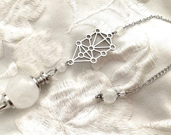 PENDULE avec Perles en cristal de roche et arbre des Sephirot en acier inoxydable  couleur argenté pour divination radiesthésie