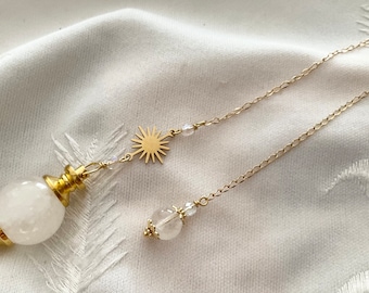 PENDULE avec Perles cristal de roche soleil en acier inoxydable dorée pour divination radiesthésie